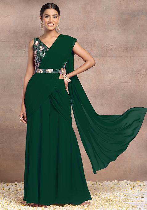 Emerald Green Draped Palazzo Set With Sequin Bead Hand Embroidered Blouse And Belt