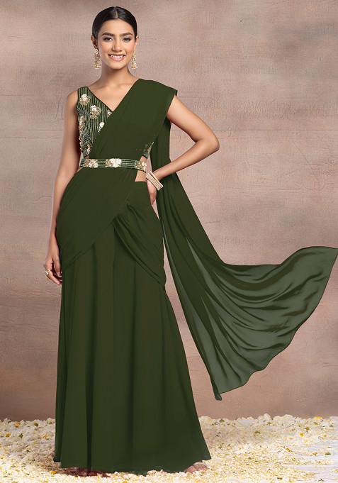 Olive Green Draped Palazzo Set With Sequin Bead Hand Embroidered Blouse And Belt