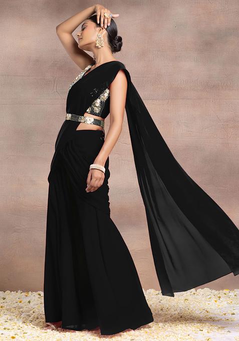 Black Draped Palazzo Set With Sequin Bead Hand Embroidered Blouse And Belt