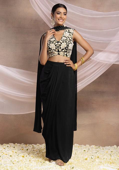 Black Draped Lehenga Set With Floral Sequin Hand Embroidered Blouse And Choker Dupatta