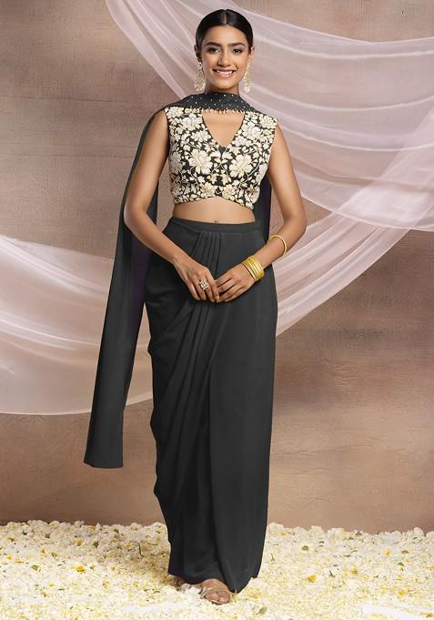 Charcoal Black Draped Lehenga Set With Floral Sequin Hand Embroidered Blouse And Choker Dupatta