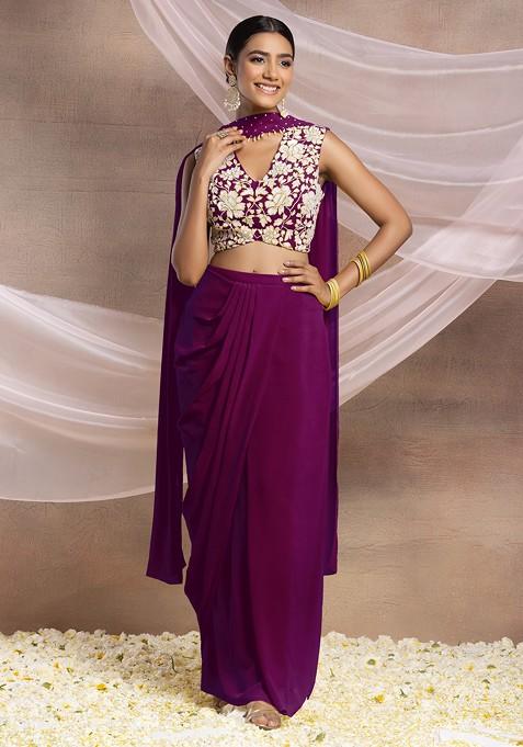 Dark Purple Draped Lehenga Set With Floral Sequin Hand Embroidered Blouse And Choker Dupatta