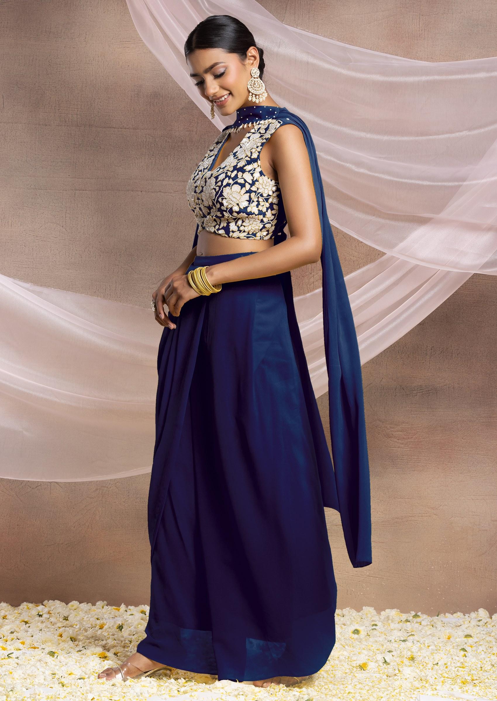 Buy Women Indigo Blue Draped Lehenga Set With Floral Sequin Hand  Embroidered Blouse And Choker Dupatta - Fusion Sets - Indya