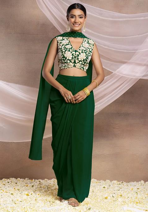 Emerald Green Draped Lehenga Set With Floral Sequin Hand Embroidered Blouse And Choker Dupatta