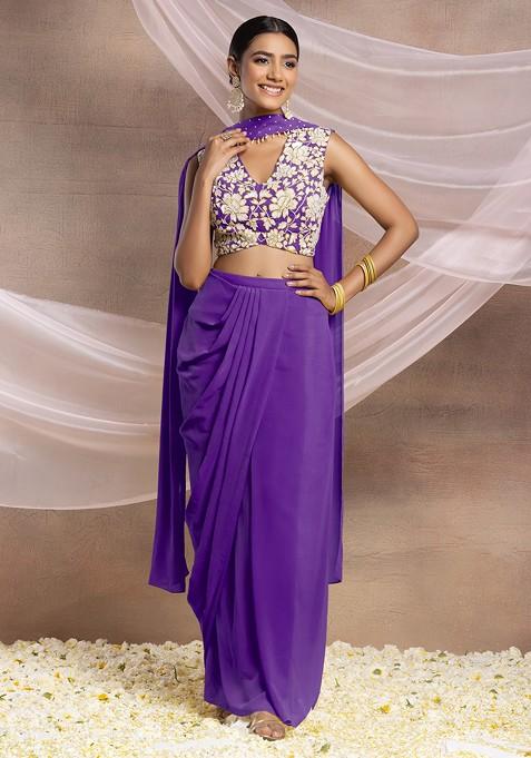 Purple Draped Lehenga Set With Floral Sequin Hand Embroidered Blouse And Choker Dupatta