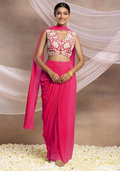 Hot Pink Draped Lehenga Set With Floral Sequin Hand Embroidered Blouse And Choker Dupatta
