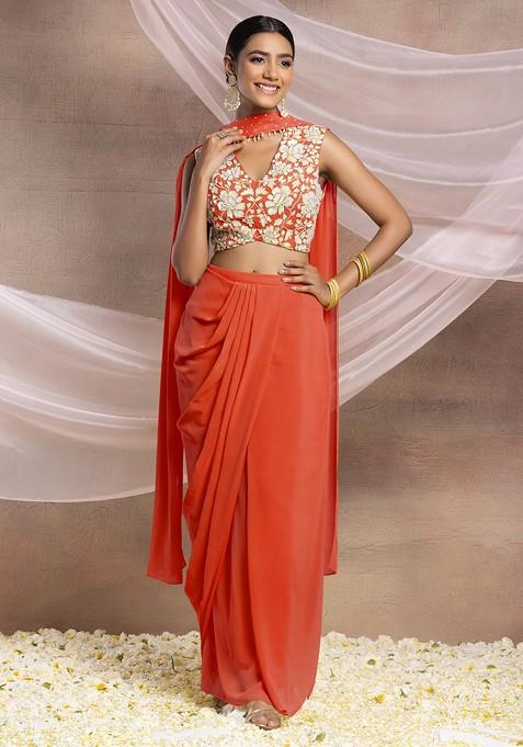 Orange Draped Lehenga Set With Floral Sequin Hand Embroidered Blouse And Choker Dupatta