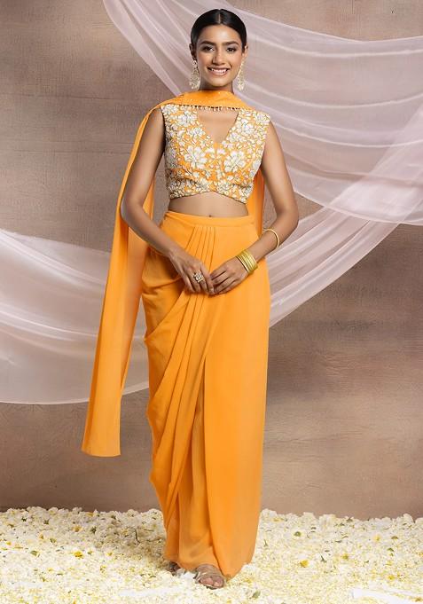 Mustard Draped Lehenga Set With Floral Sequin Hand Embroidered Blouse And Choker Dupatta