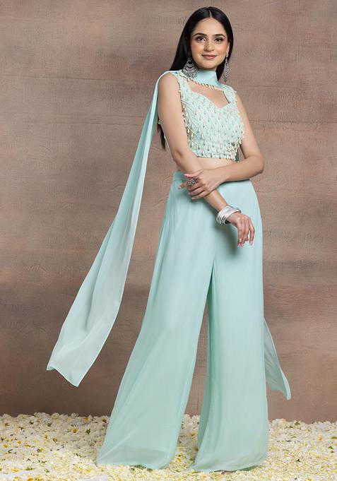 Seafoam Palazzo Set With Pearl Hand Embroidered Blouse And Choker Dupatta