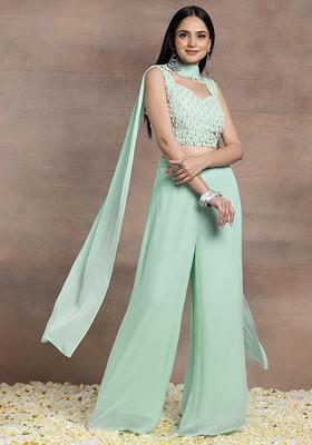 Light Green Palazzo Set With Pearl Hand Embroidered Blouse And Choker Dupatta