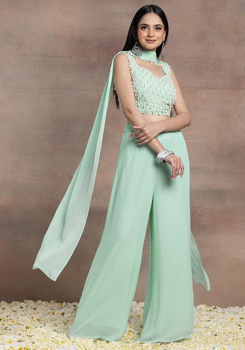 Light Green Palazzo Set With Pearl Hand Embroidered Blouse And Choker Dupatta