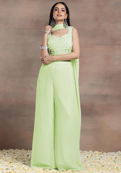 Pastel Green Palazzo Set With Pearl Hand Embroidered Blouse And Choker Dupatta