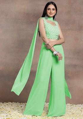 Green Palazzo Set With Pearl Hand Embroidered Blouse And Choker Dupatta