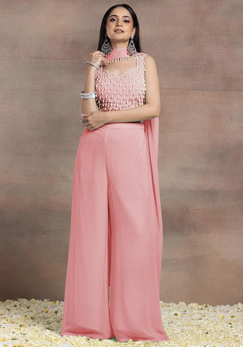 Pink Palazzo Set With Pearl Hand Embroidered Blouse And Choker Dupatta