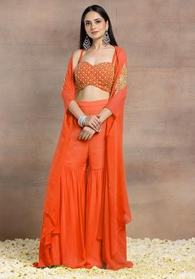Orange Sharara Set With Geometric Hand Embroidered Blouse And Jacket