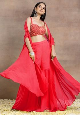 Hot Pink Sharara Set With Geometric Hand Embroidered Blouse And Jacket
