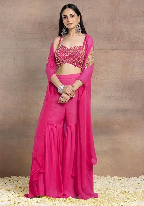 Rani Pink Sharara Set With Geometric Hand Embroidered Blouse And Jacket