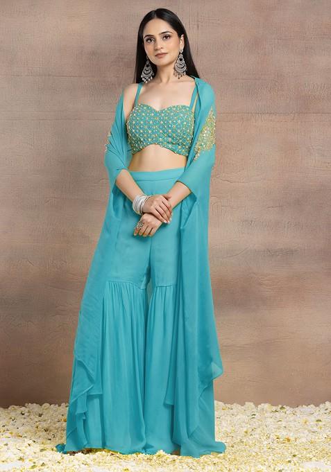 Light Blue Sharara Set With Geometric Hand Embroidered Blouse And Jacket