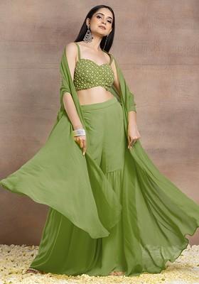 Olive Green Sharara Set With Geometric Hand Embroidered Blouse And Jacket