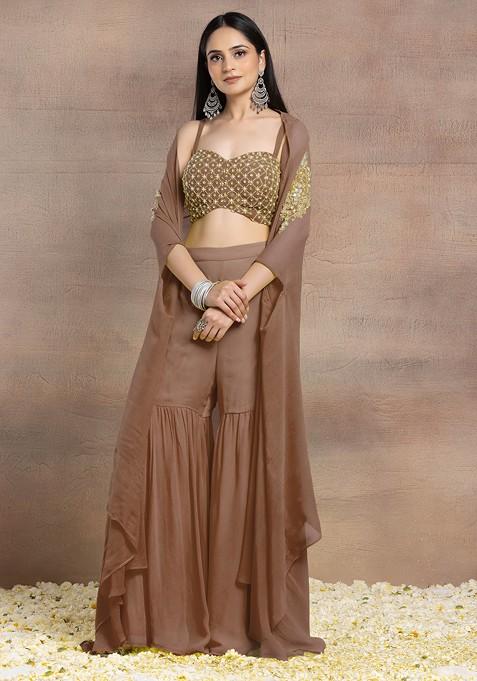 Light Brown Sharara Set With Geometric Hand Embroidered Blouse And Jacket