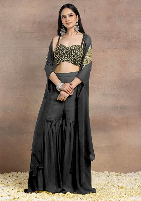 Charcoal Black Sharara Set With Geometric Hand Embroidered Blouse And Jacket