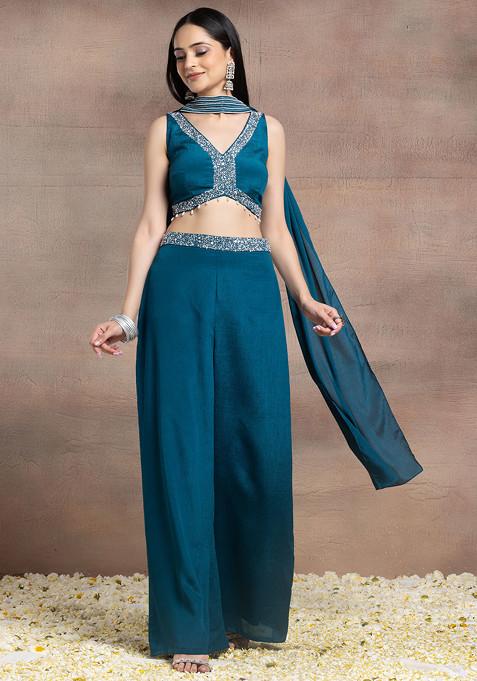 Teal Blue Palazzo Set With Sequin Pearl Hand Embroidered Blouse And Choker Dupatta