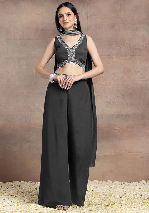 Charcoal Black Palazzo Set With Sequin Pearl Hand Embroidered Blouse And Choker Dupatta