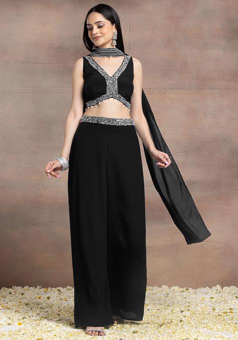 Black Palazzo Set With Sequin Pearl Hand Embroidered Blouse And Choker Dupatta