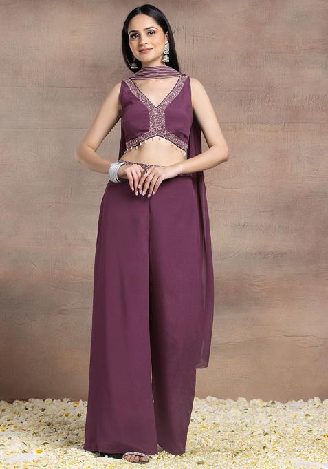 Old Mauve Palazzo Set With Sequin Pearl Hand Embroidered Blouse And Choker Dupatta