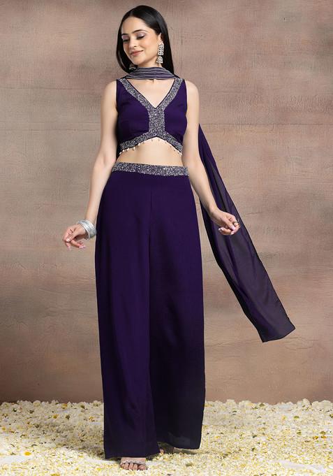 Purple Palazzo Set With Sequin Pearl Hand Embroidered Blouse And Choker Dupatta