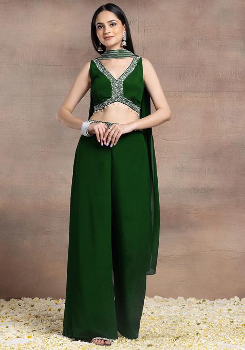 Emerald Green Palazzo Set With Sequin Pearl Hand Embroidered Blouse And Choker Dupatta