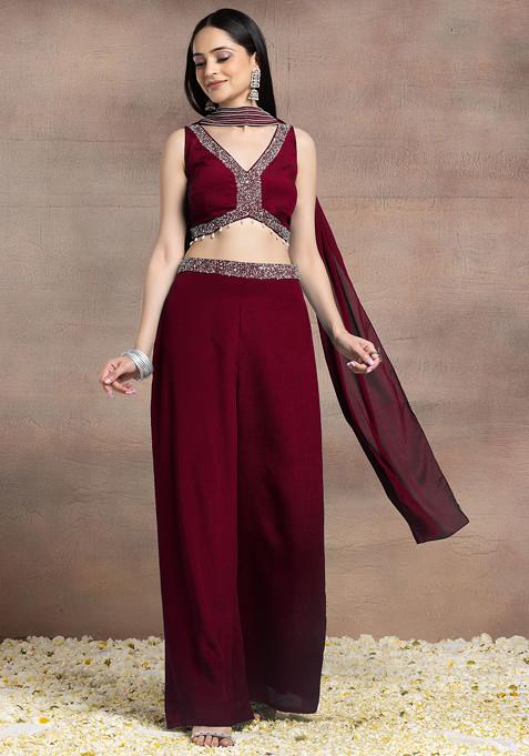 Crimson Red Palazzo Set With Sequin Pearl Hand Embroidered Blouse And Choker Dupatta
