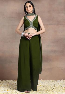 Olive Green Palazzo Set With Sequin Pearl Hand Embroidered Blouse And Choker Dupatta