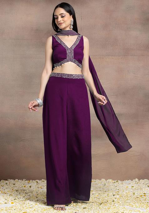 Dark Purple Palazzo Set With Sequin Pearl Hand Embroidered Blouse And Choker Dupatta
