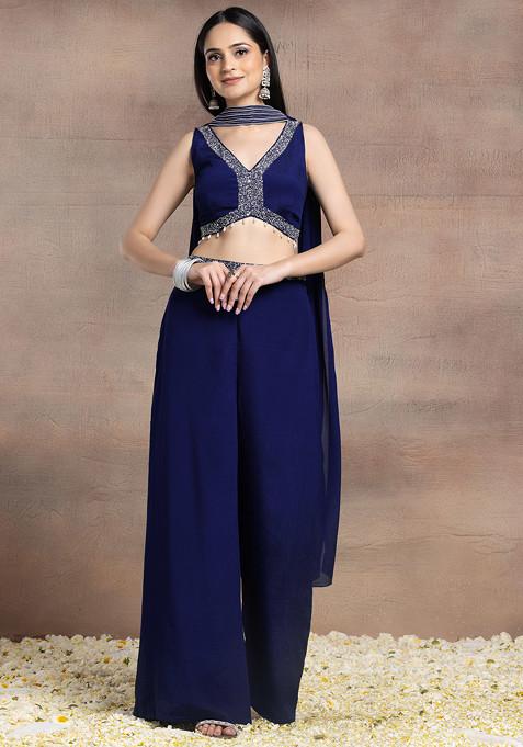 Indigo Blue Palazzo Set With Sequin Pearl Hand Embroidered Blouse And Choker Dupatta