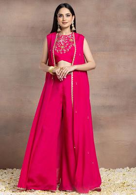 Fuchsia Pink Jacket Set With Sequin Hand Embroidered Blouse And Palazzo