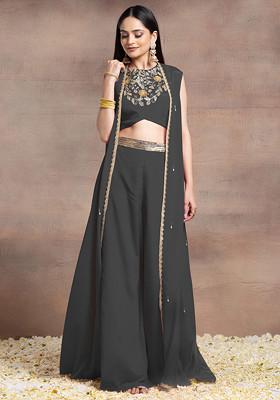 Charcoal Black Jacket Set With Sequin Hand Embroidered Blouse And Palazzo