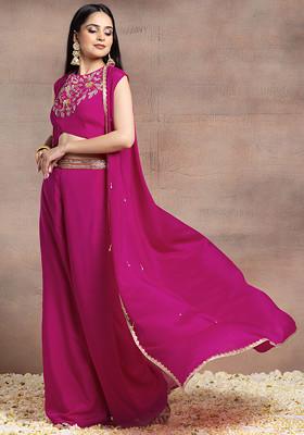 Rani Pink Jacket Set With Sequin Hand Embroidered Blouse And Palazzo