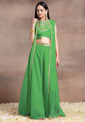 Green Jacket Set With Sequin Hand Embroidered Blouse And Palazzo