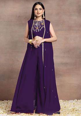 Purple Jacket Set With Sequin Hand Embroidered Blouse And Palazzo