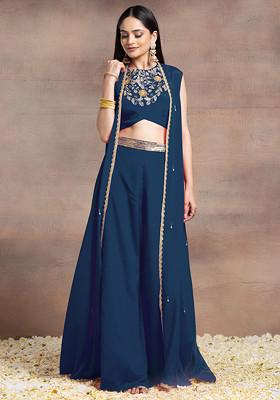 Teal Blue Jacket Set With Sequin Hand Embroidered Blouse And Palazzo