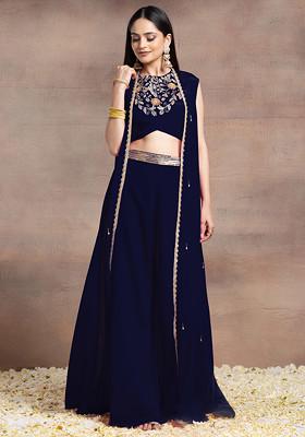 Indigo Blue Jacket Set With Sequin Hand Embroidered Blouse And Palazzo