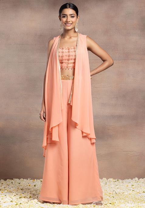 Peach Jacket Set With Sequin Bead Hand Embroidered Blouse And Palazzo