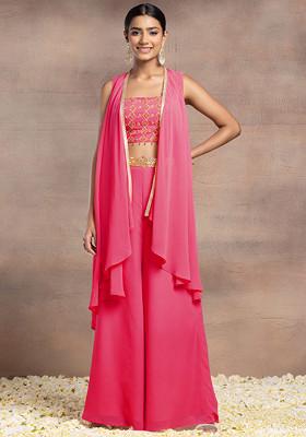 Hot Pink Jacket Set With Sequin Bead Hand Embroidered Blouse And Palazzo