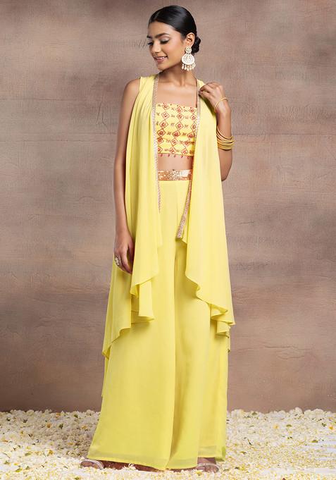Yellow Jacket Set With Sequin Bead Hand Embroidered Blouse And Palazzo