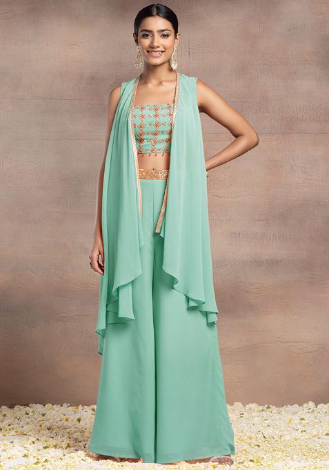 Seafoam Jacket Set With Sequin Bead Hand Embroidered Blouse And Palazzo