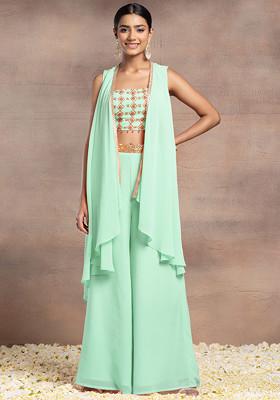 Light Green Jacket Set With Sequin Bead Hand Embroidered Blouse And Palazzo