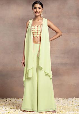 Pastel Green Jacket Set With Sequin Bead Hand Embroidered Blouse And Palazzo