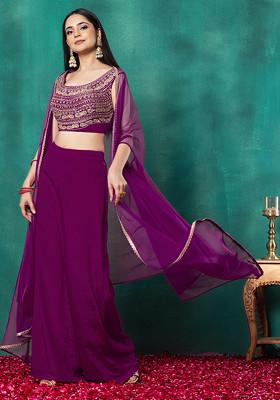 Dark Purple Mesh Jacket Set With Sequin Dori Hand Embroidered Blouse And Palazzo