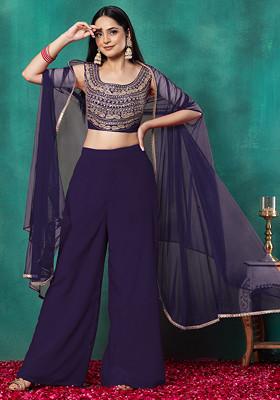 Navy Blue Mesh Jacket Set With Sequin Dori Hand Embroidered Blouse And Palazzo